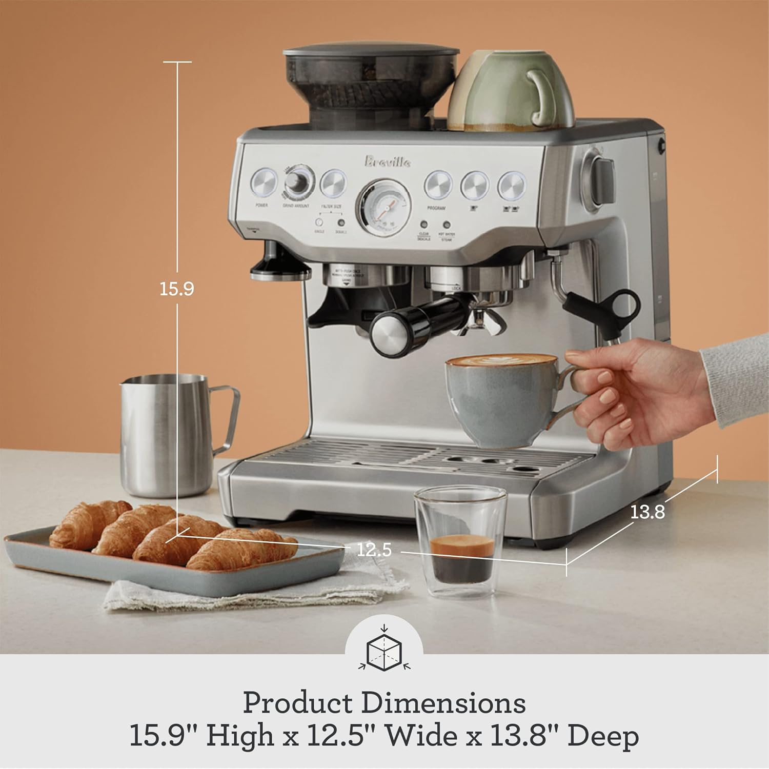Breville BES870XL Barista Express Espresso Machine, Brushed Stainless Steel | Craft café-quality espresso shots, lattes and cappuccinos at home with this manual coffee maker with built-in grinder
